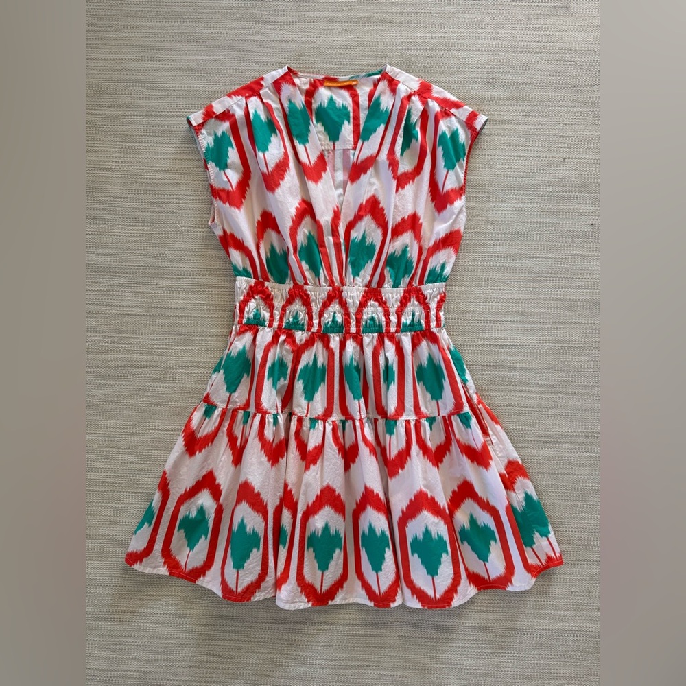 Oliphant Odisha coral print cotton smocked waist tiered mini dress women’s M